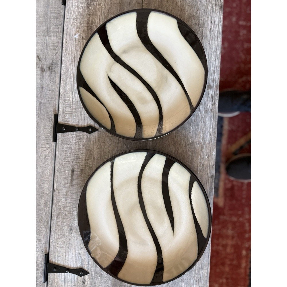 Pier 1 Set of 2 Abstract Black Cream 11" Ceramic Dinner Plates Modern Zebra